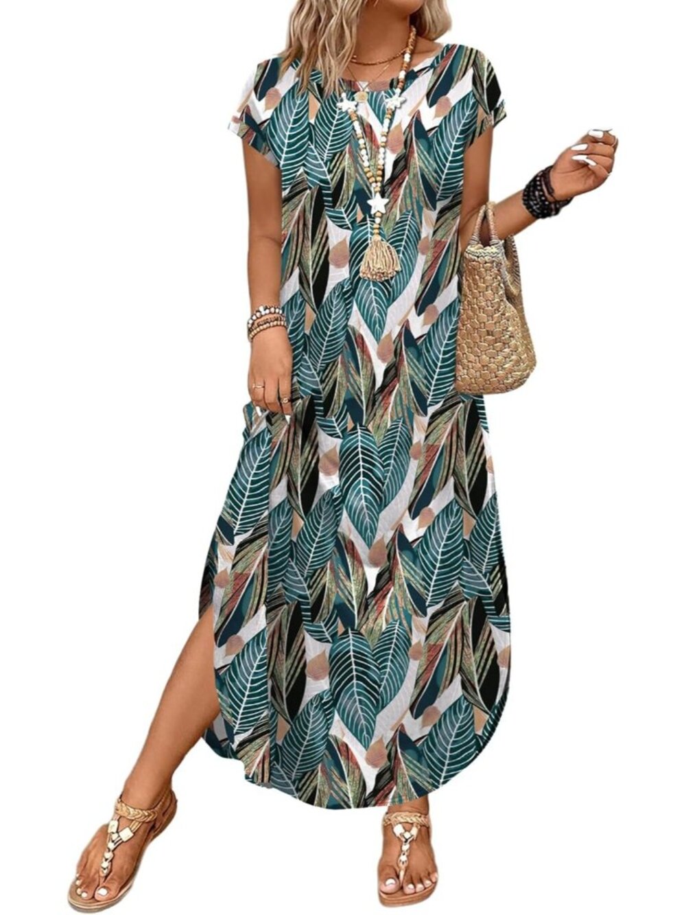 Women Floral Palm Leaf Cap Sleeve Crewneck Casual Long Summer Pull On Maxi Dress - Picture 2 of 5